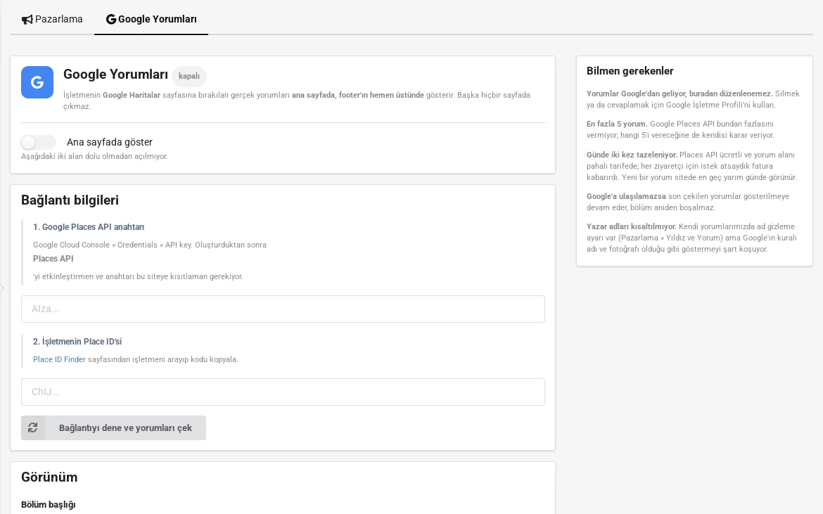 Google Yorumları — Mağaza panelinde ayar ekranı
