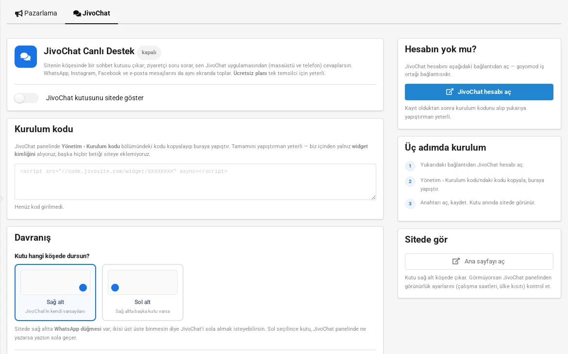 JivoChat Canlı Destek — Mağaza panelinde ayar ekranı