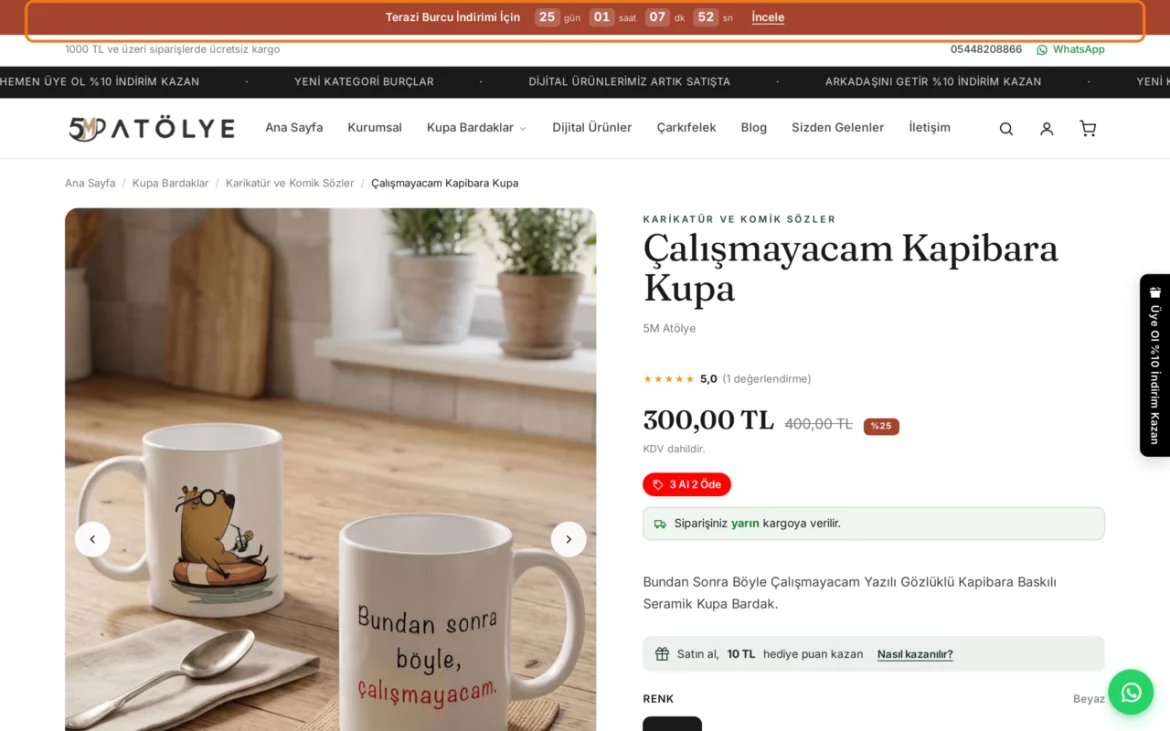 Sayaçlı Kampanya Şeridi — Mağazada: 5matolye.com'da canlı çalışan hâli