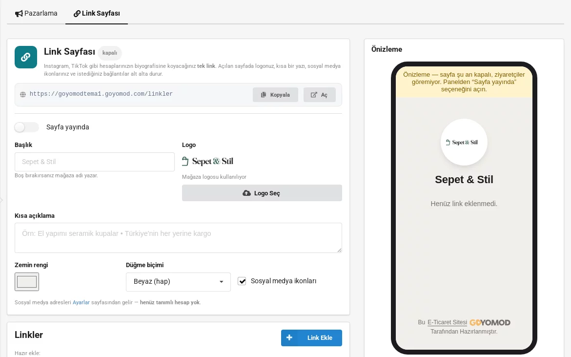 Link Sayfası — Mağaza panelinde ayar ekranı