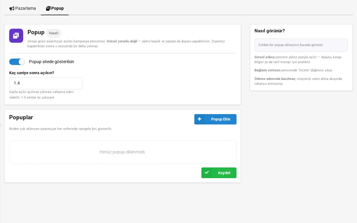 Popup — Mağaza panelinde ayar ekranı
