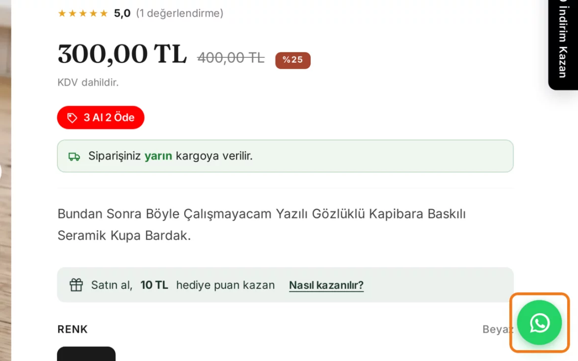WhatsApp Destek Butonu — Mağazada: 5matolye.com'da canlı çalışan hâli