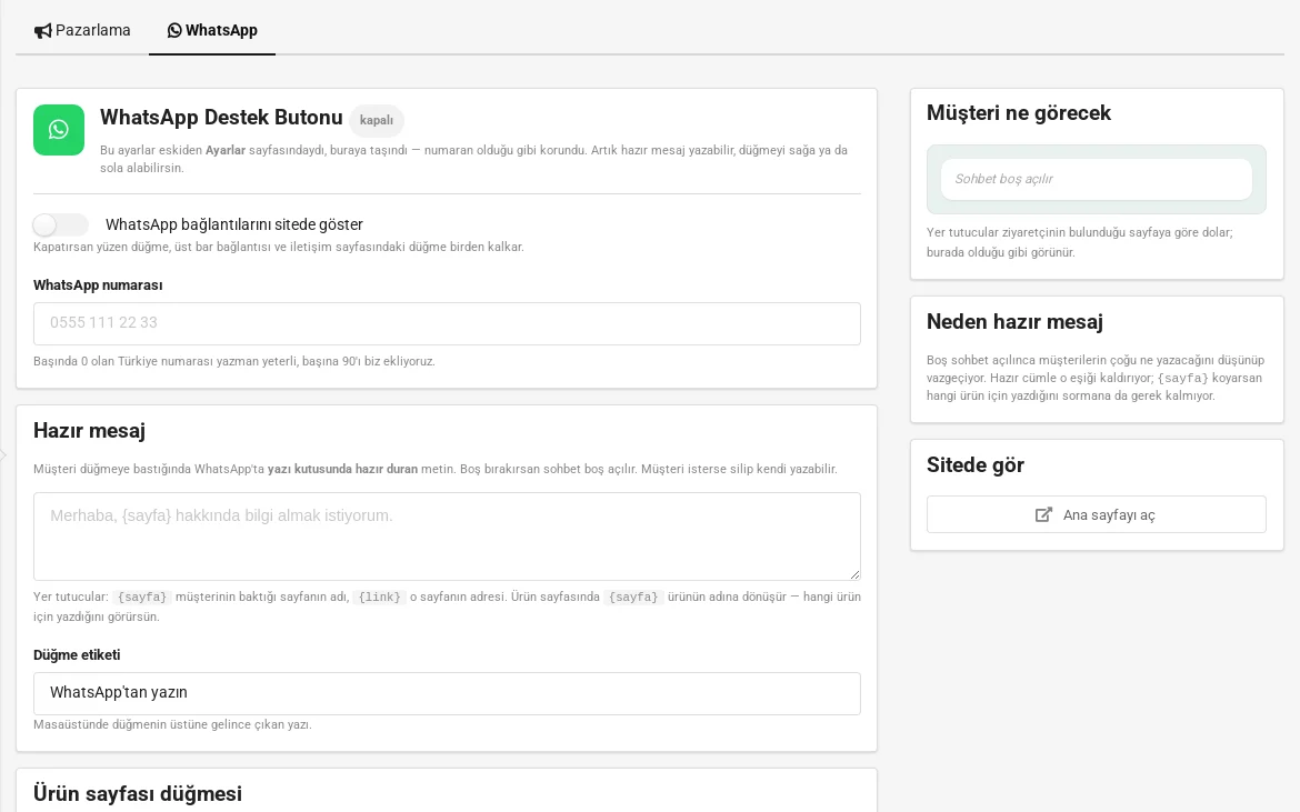 WhatsApp Destek Butonu — Mağaza panelinde ayar ekranı
