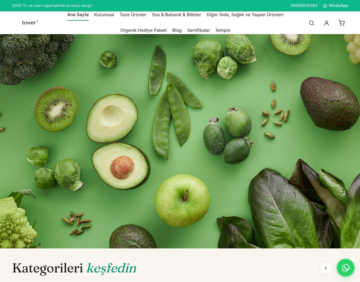 tovernatural.com e-ticaret sitesi ana sayfası