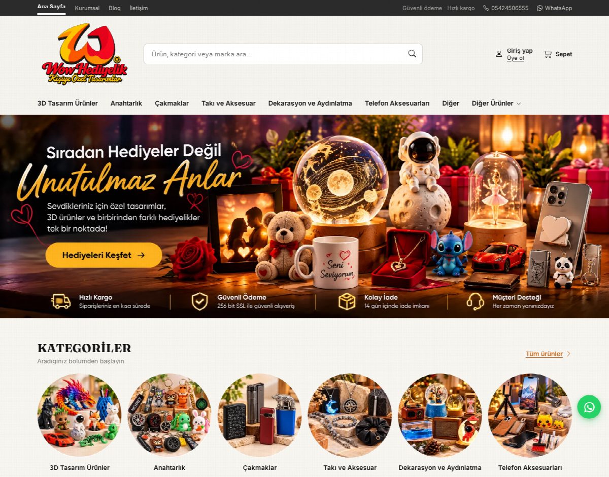 wowhediyelik.com e-ticaret sitesi ana sayfası